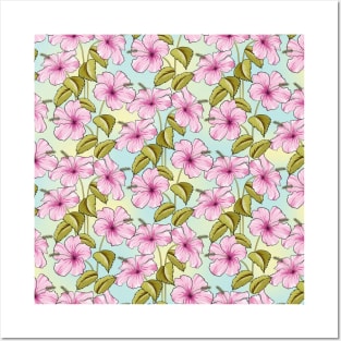 Pink Hibiscus Flowers Pattern Posters and Art